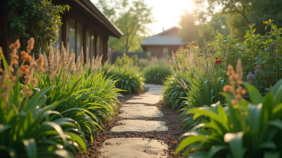 Wide angle view of sustainable garden with native plants and efficient irrigation