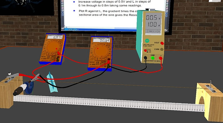 This shows the wire connected to the ammeter and the power supply in series with the voltmeter connected to the wire in parallel