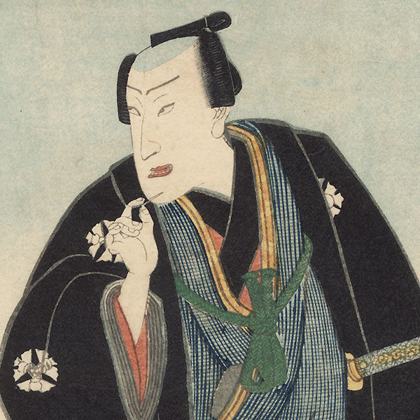 19th century portrait of a kabuki actor posing as a man (could be a samurai), with an evil grin taking a toothpick from his mouth.