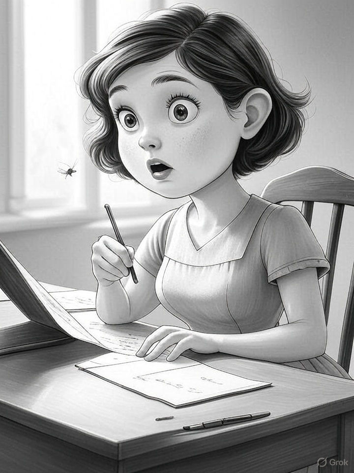 AI illustration of a young lady writing a letter, surprised to see a tiny bug flying right in front of her.