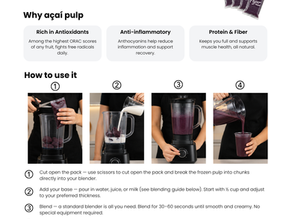 Infographic explaining 100% pure organic açaí pulp, its health benefits, how to blend frozen açaí packs, and the best liquids to use for smoothies and açaí bowls.