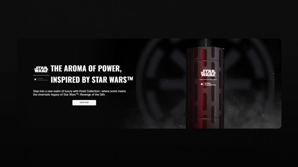 Landing page section featuring a dark scent diffuser inspired by Darth Vader™ beside the headline “The Aroma of Power.”