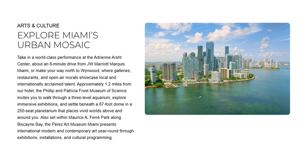 Experiences page component featuring the downtown Miami skyline and copy about the city’s arts and culture.
