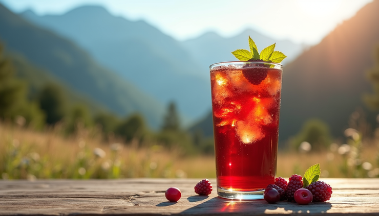Close-up view of a glass of wild berry iced tea with mountain scenery in the background
