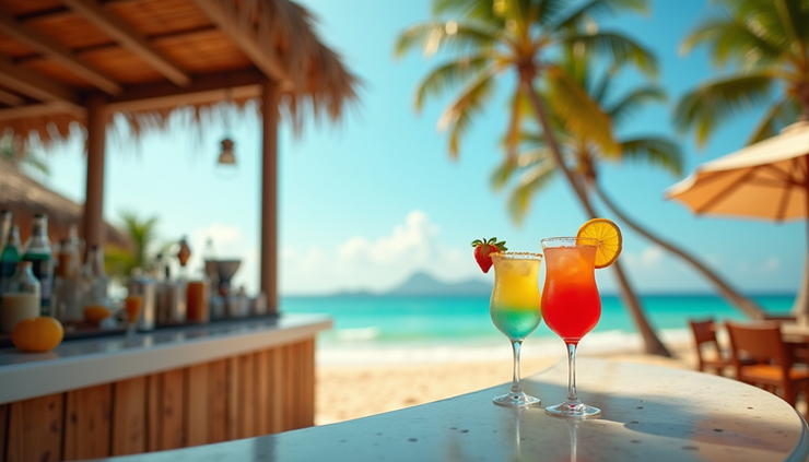 Eye-level view of a tropical beach bar with colorful cocktails on the counter