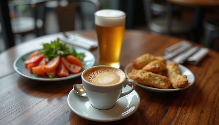 High angle view of a cozy café table with espresso and Peroni served alongside small plates of Italian snacks