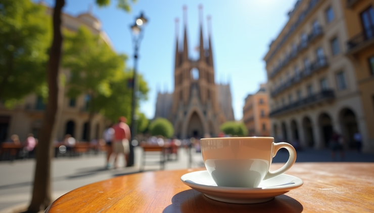 Eye-level view of Sagrada Familia basilica framed by a cappuccino cup on a café table
