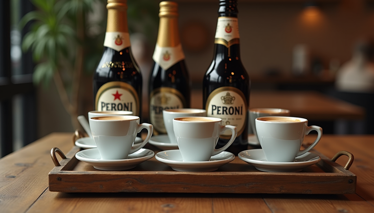 Eye-level view of a wooden tray with espresso cups and Peroni bottles arranged for a tasting session