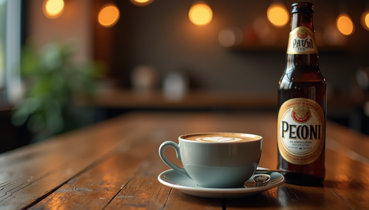 Close-up view of a steaming espresso cup next to a chilled Peroni beer bottle on a wooden table