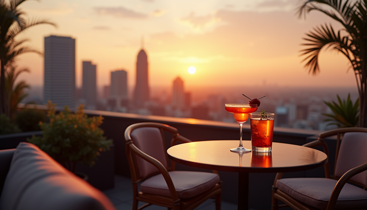 High angle view of a rooftop lounge with cocktails and city skyline