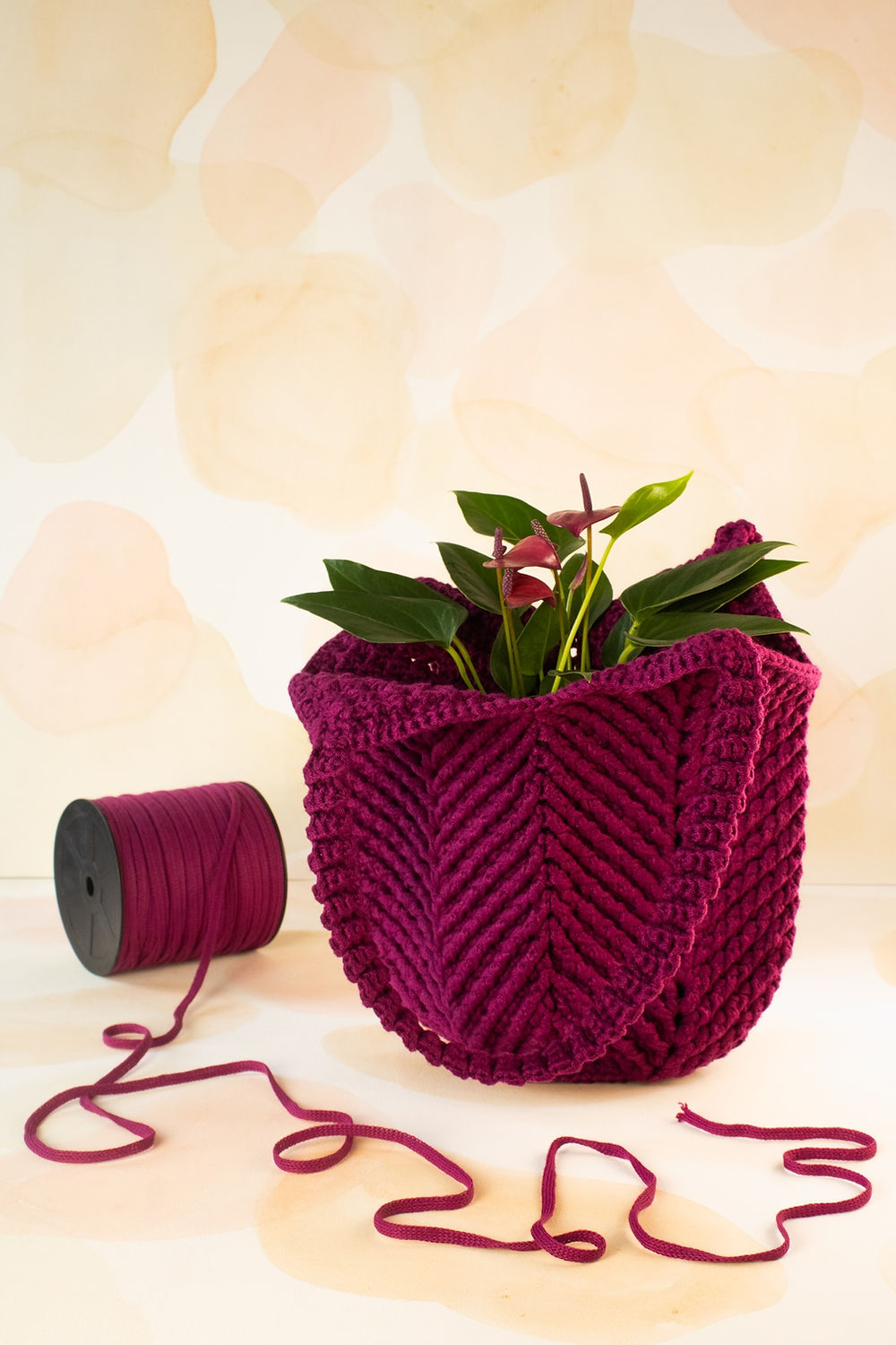 Cachepot roxo de crochê com planta e fios