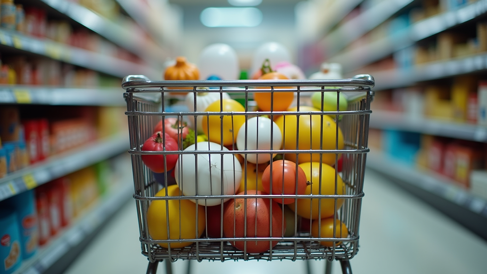 Close-up view of a shopping cart filled with various items