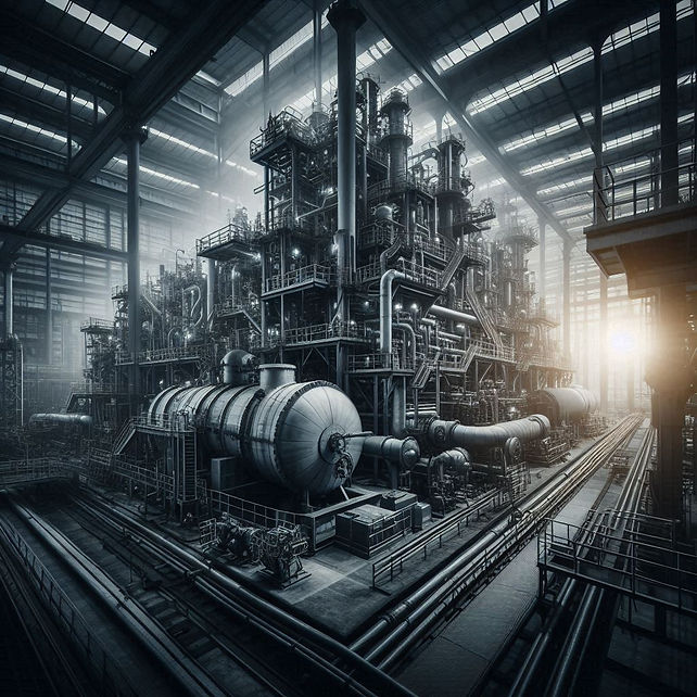planta industrial com grandes equipamentos mecânicos em tons escuros, alta definição.png