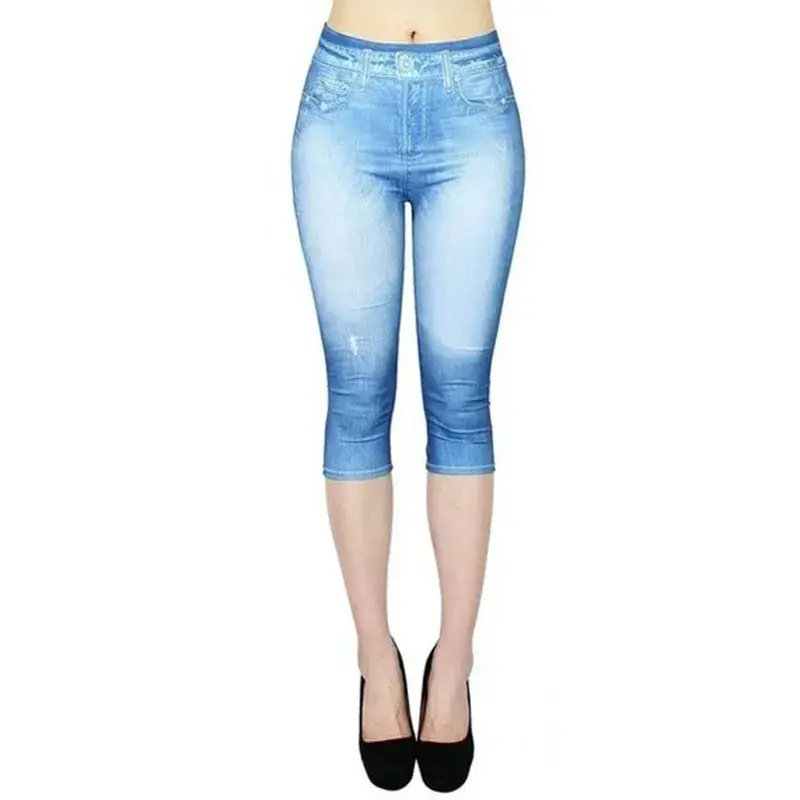 Miniatura: Women Print Imitation Denim Leggings Skinny Stretchy Cropped Pants Outdoor