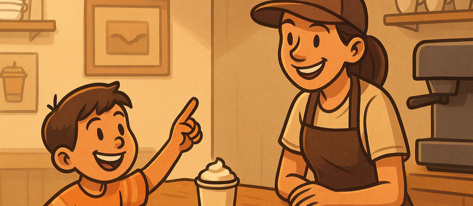 A child ordering a hot beverage at a cafe