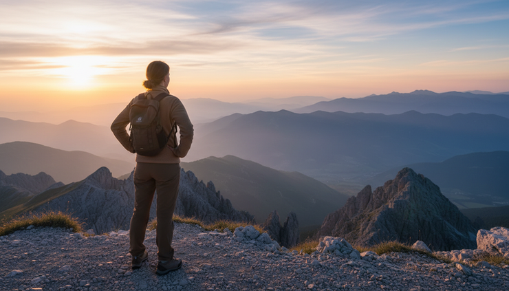 Wide-angle view of a woman standing at a mountain overlook during sunrise.