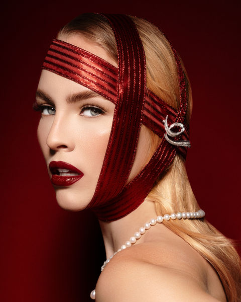 red lips holiday makeup for photoshoot done by Los Angeles makeup artist