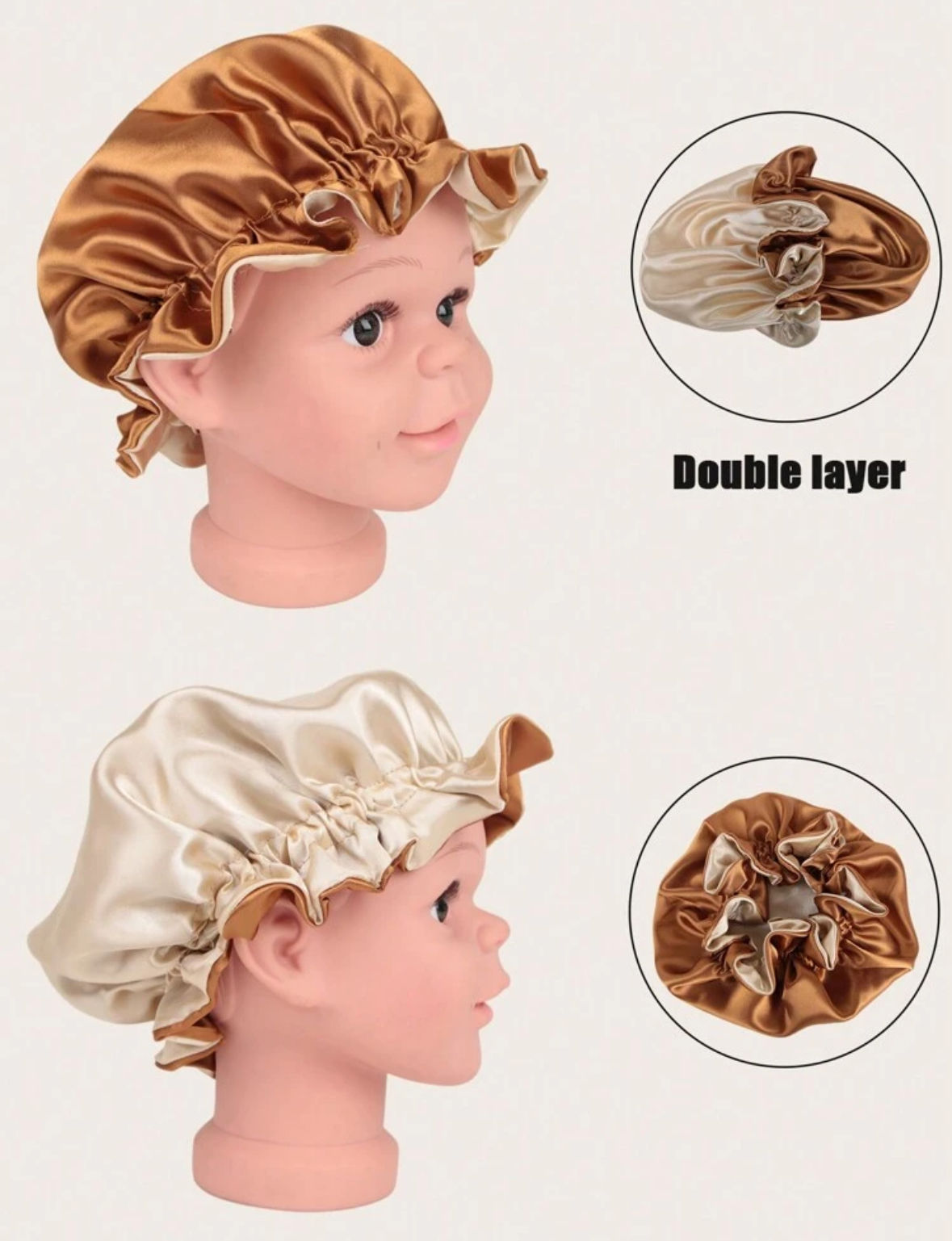  Satijnen Bonnet Bruin+Rose Goud kids