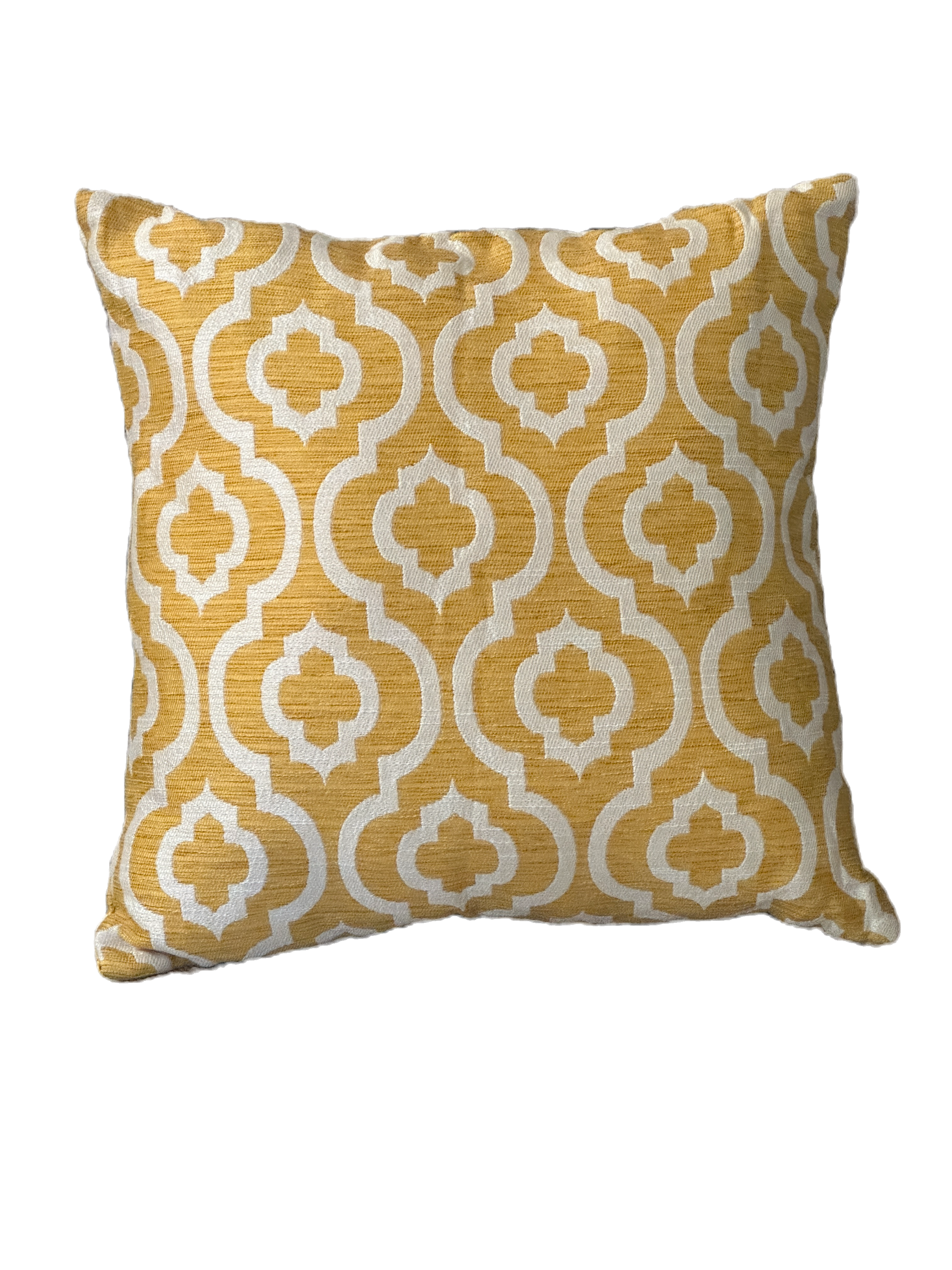 Yellow and white cushion with geometric pattern on textured fabric.