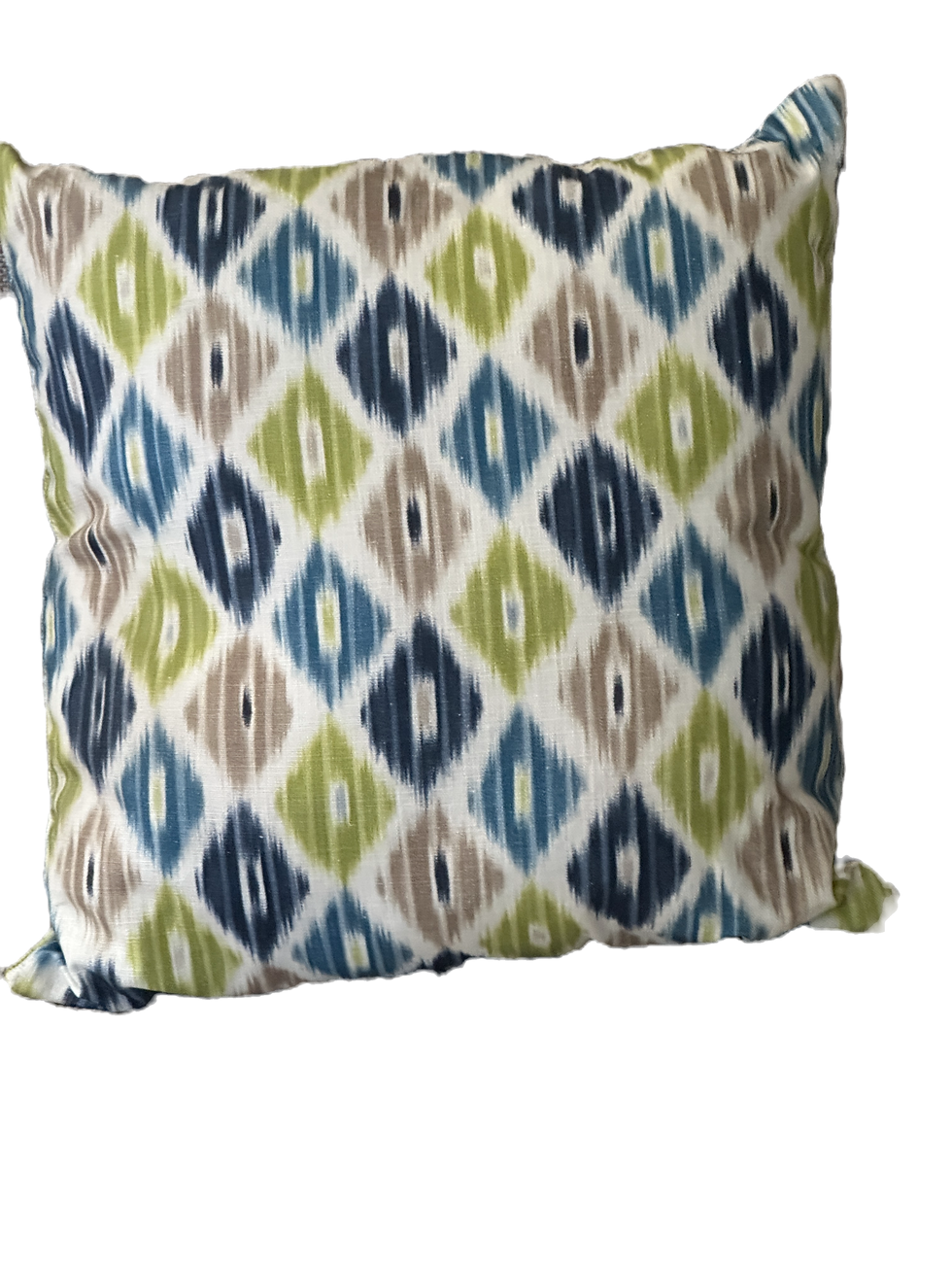 Square Ikat diamond-patterned cushion in green, blue, and taupe.