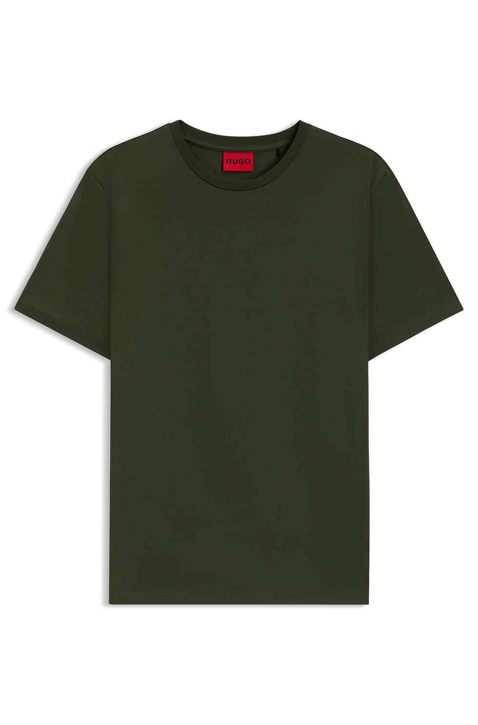 T-shirt vert foncé avec logo Hugo Boss rouge, idéal pour un look décontracté.