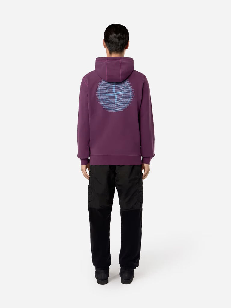 Miniature : Homme portant un sweat-shirt violet avec un logo et un pantalon noir.