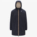 Veste homme bleue avec capuche, fermeture éclair marron et fond blanc.