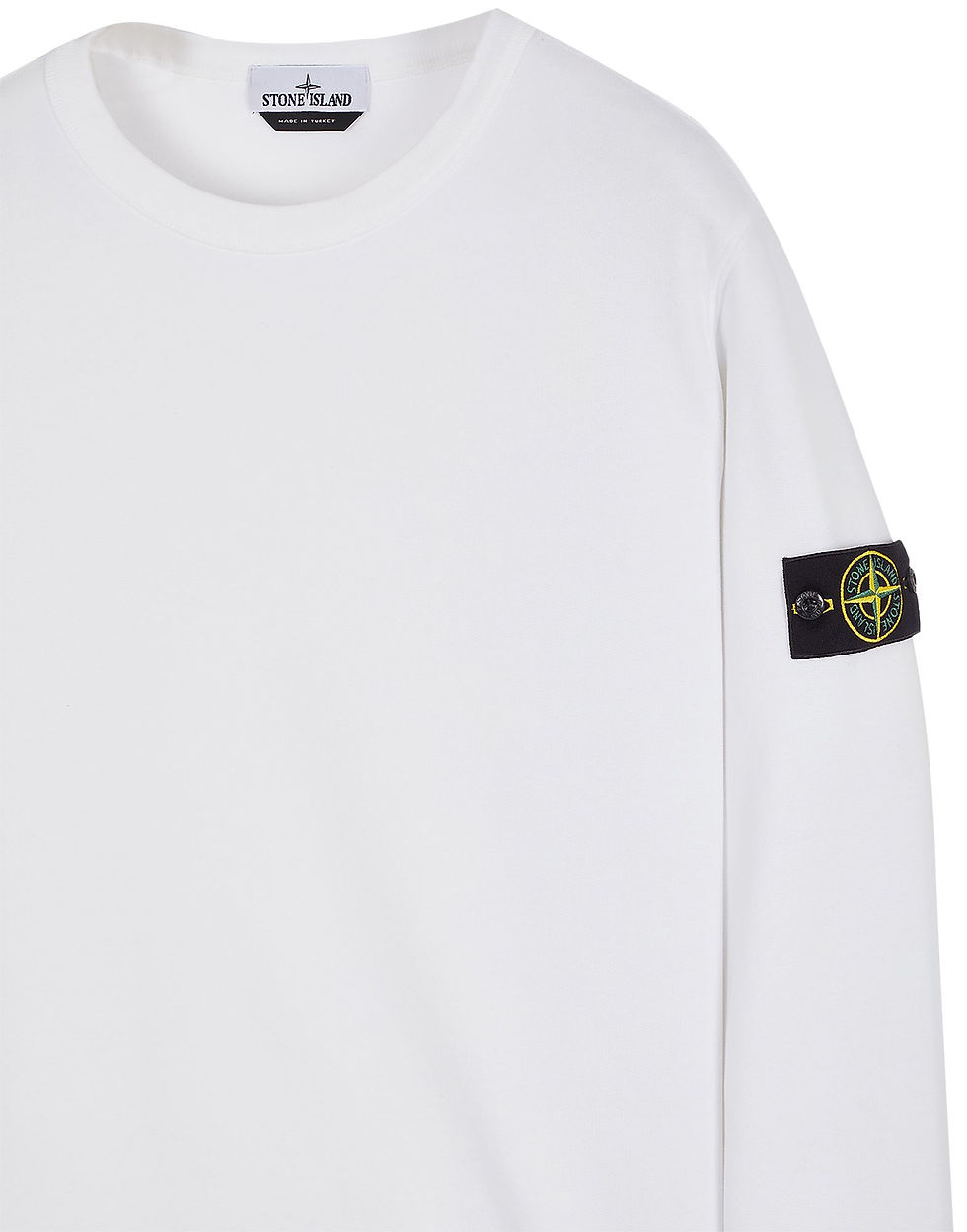 Miniature : Sweat-shirt blanc Stone Island, logo sur la manche, pour un look décontracté.