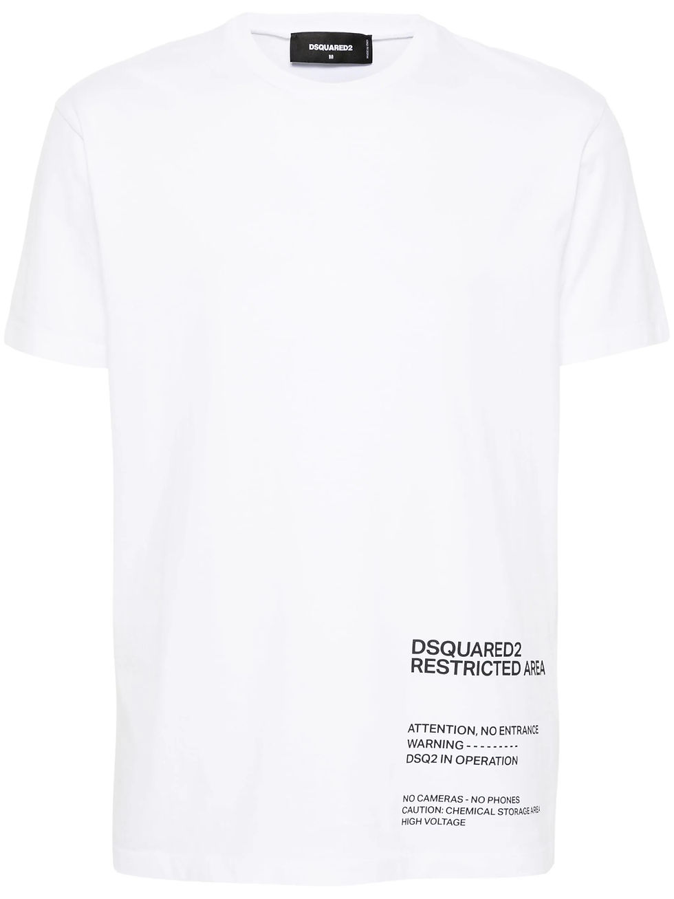 T-Shirt blanc avec le texte Dsquared2 Restricted, ATTENTION, et WARNING.