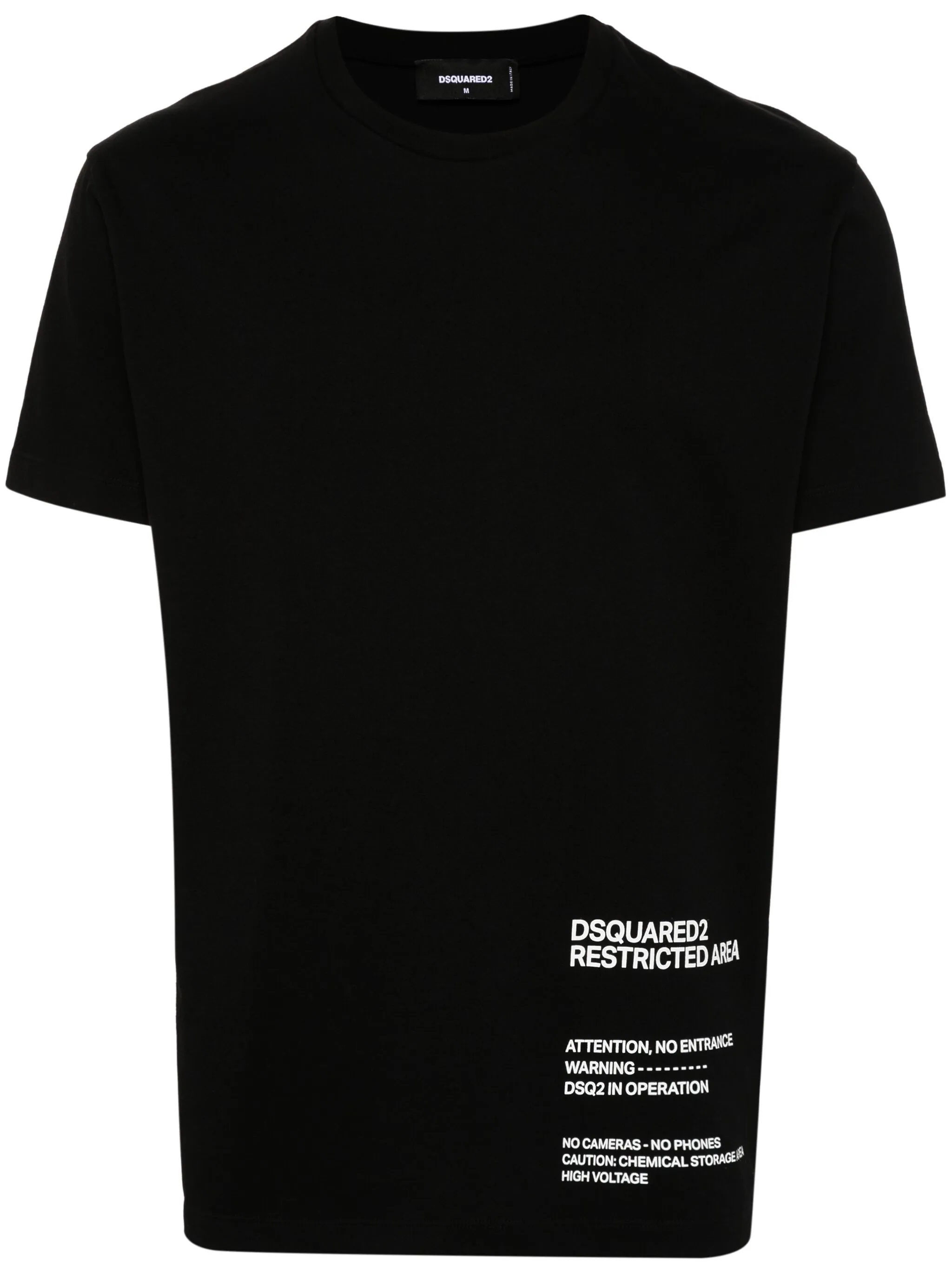 T-shirt noir avec texte blanc Dsquared2, attention, humain, free d'opération.