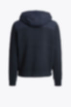 Sweat à capuche bleu marine, design épuré. Polo en maille à encolure zippée.