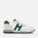 Chaussures de sport blanches avec le logo H vert, fond clair, pour la course.