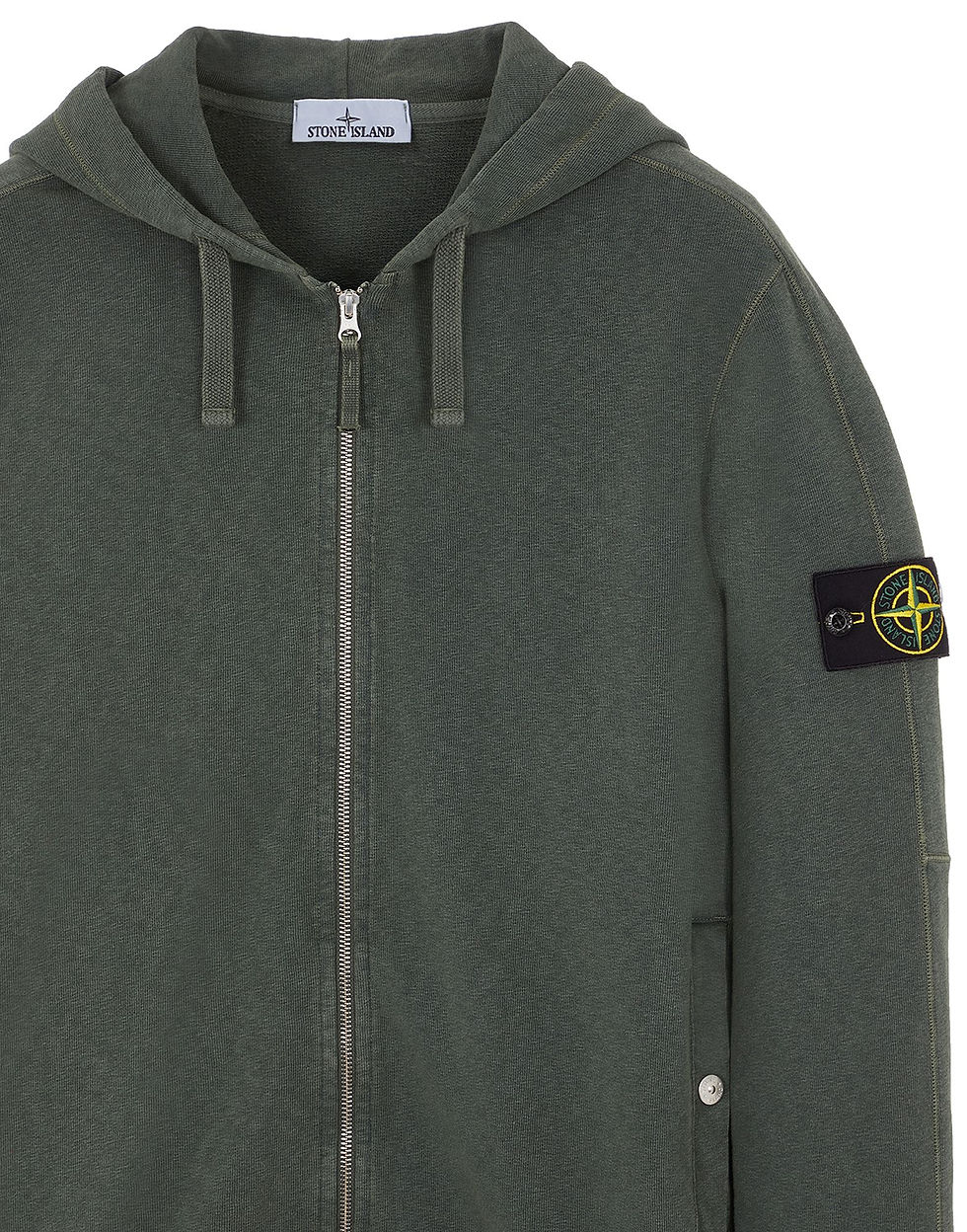 Miniature : Veste à capuche zippée Stone Island verte, logo sur la manche. Boutique Karsenty.