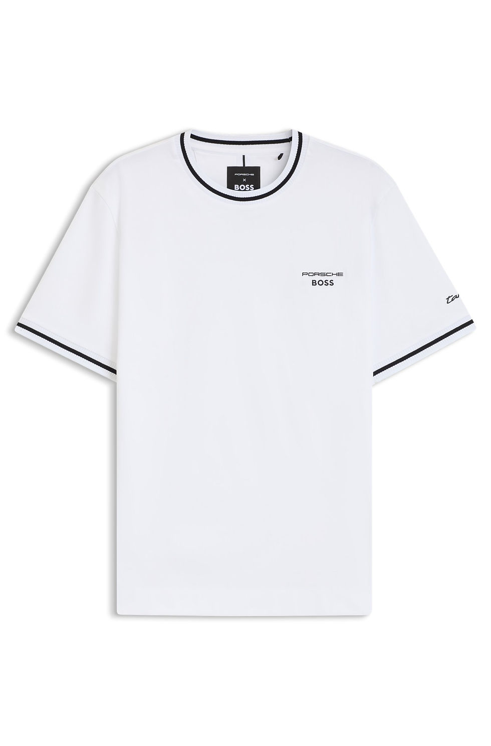 T-shirt blanc avec détails noirs, marque sur la poitrine, Polo Slim en coton mercerisé.