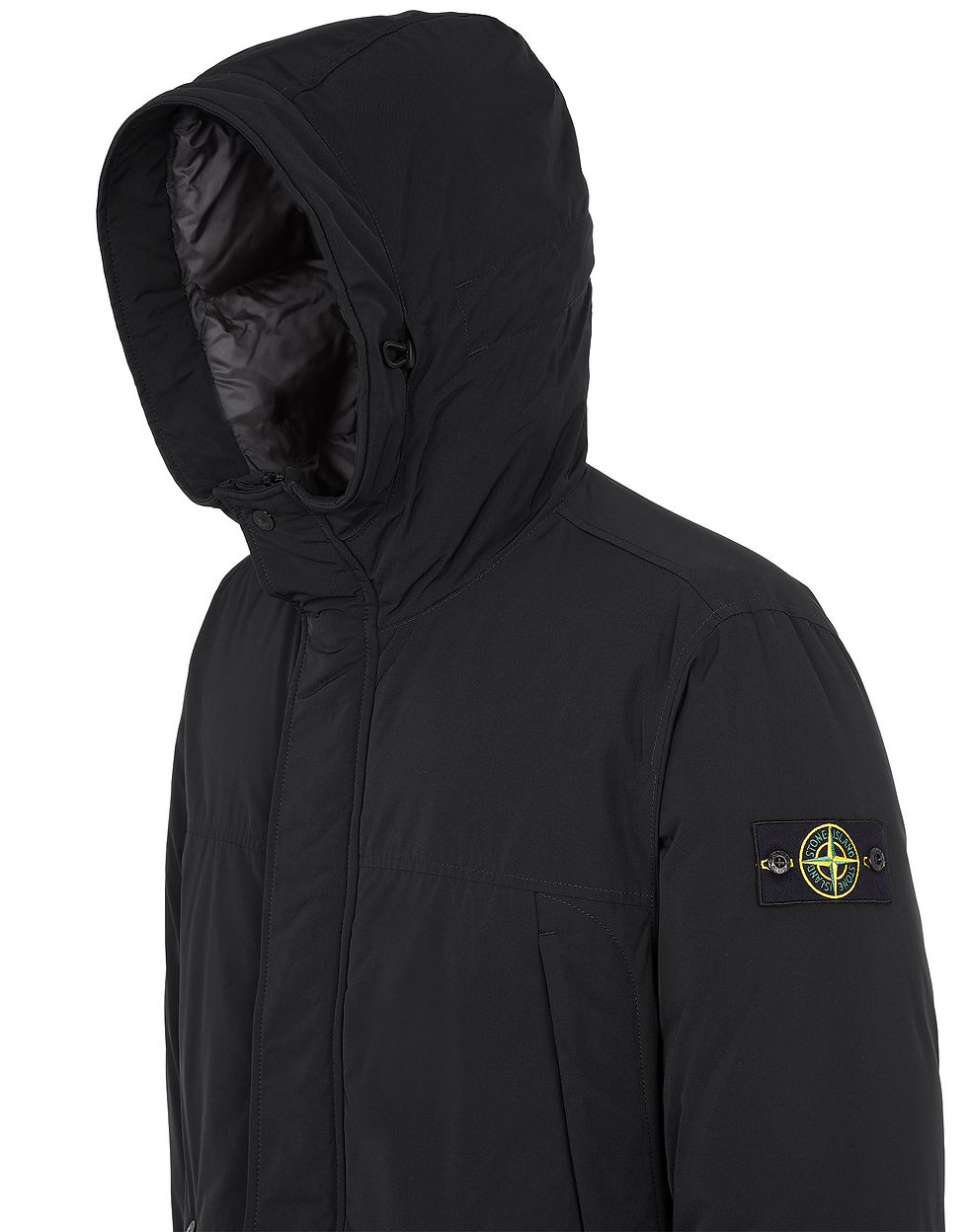 Miniature : Homme portant une veste noire à capuche, logo, vue de côté.