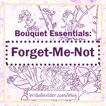 Title: "Bouquet Essentials: Forget-Me-Not" in purple with hand-drawn forget-me-nots and foliage in the background and a gold border.