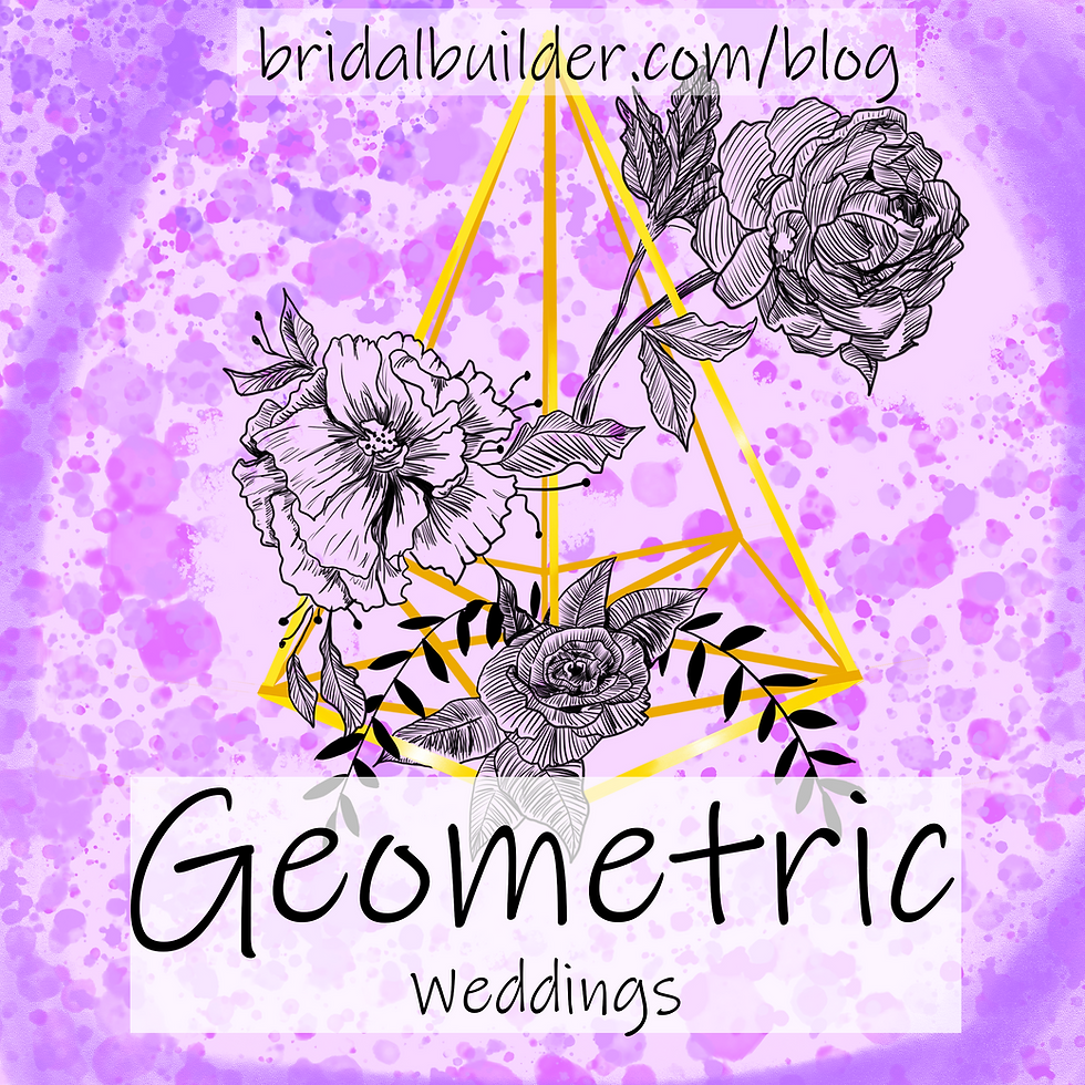 Three flowers drawn on a golden cage against a purple and pink watercolor background with the titles: "Geometric Weddings" and "bridalbuilder.com/blog"