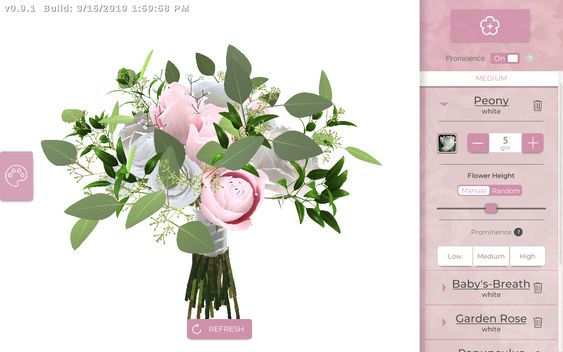 A bouquet of pink roses and other plants on the Bridal Builder app.