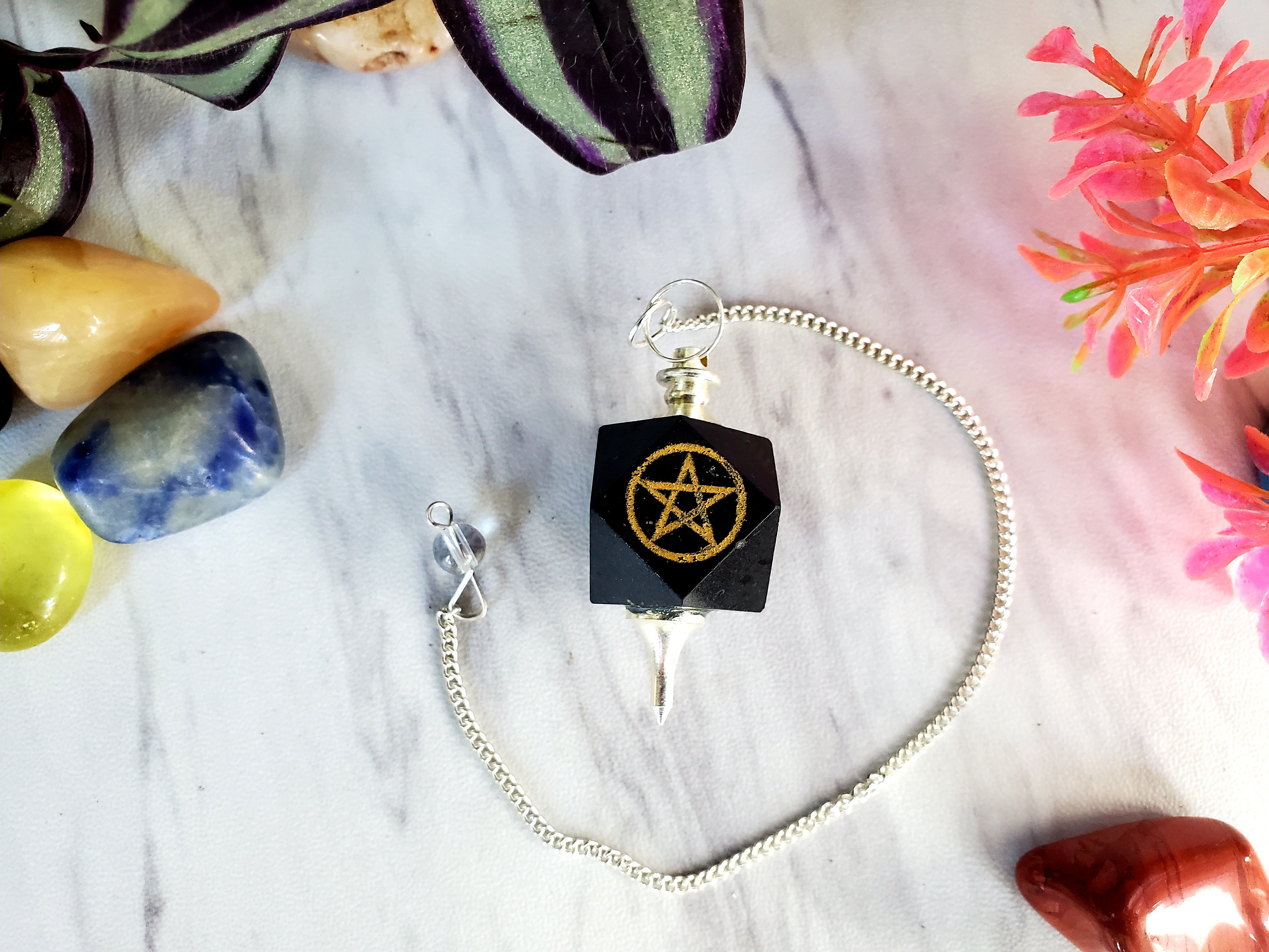 Black Agate Gold Pentagram Pendulum