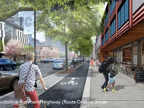wider sidewalks, a six-foot-wide bike path, and the addition of trees along route 1 redesign