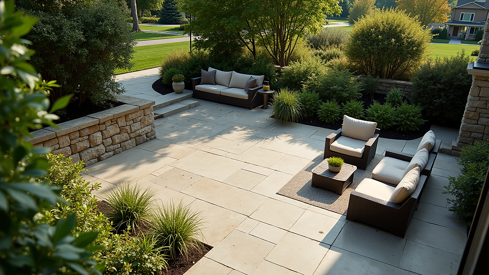 High angle view of a landscaped backyard with a stone patio and outdoor seating