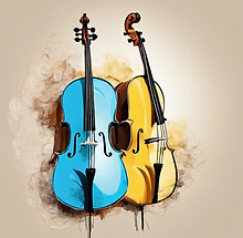 an abstract colorful cello on soft colours and clear background. use blue, yellow and brow