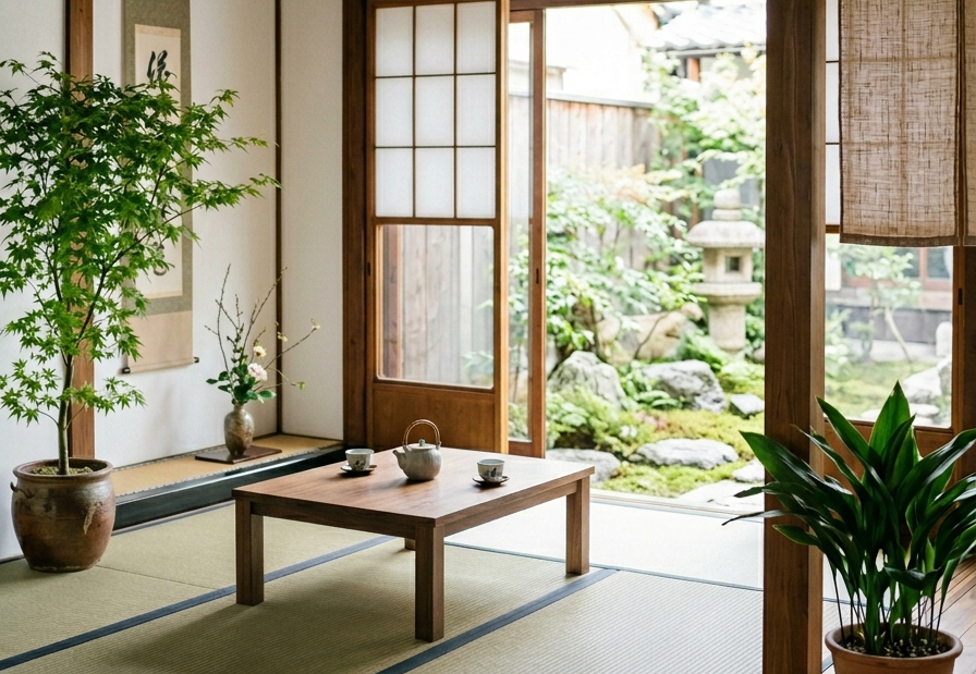 Salle de style japonais avec table basse en bois, théière et tasses. Plantes en pot, portes coulissantes ouvertes sur un jardin zen. Atmosphère paisible. Article de blog : 7 Concepts Japonais pour Transformer votre Intérieur en Havre de Paix