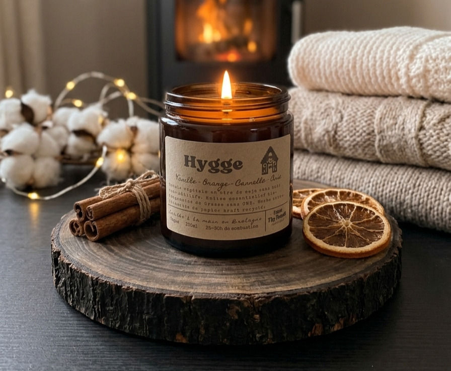 Bougie parfumée HYGGE, Inspirée par l'art de vivre danois. Senteur Vanille Orange Cannelle.