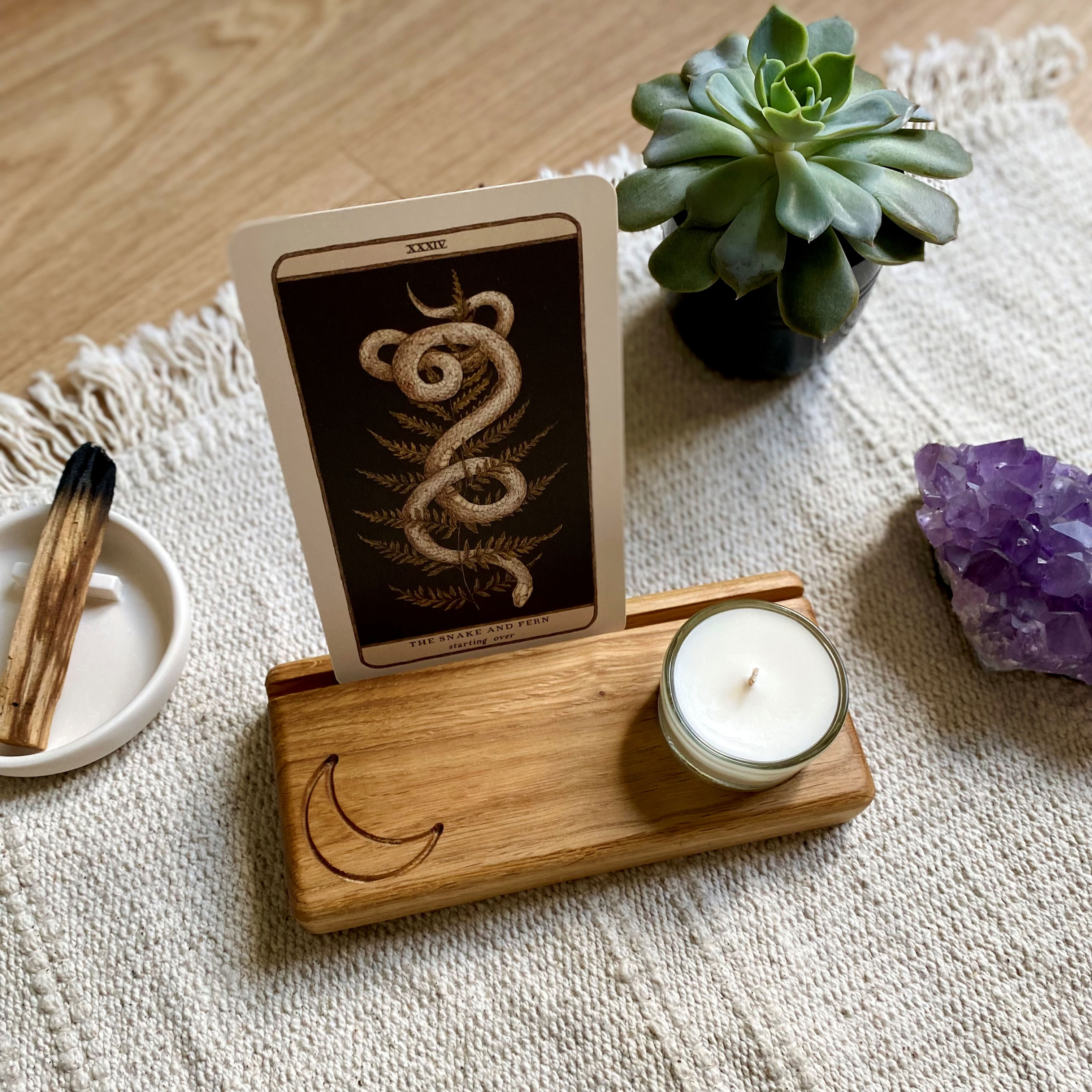 Porte carte oracle et bougie en bois, motif croissant de lune