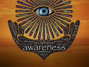 An artistic illustration shows two hands holding an eye with colorful rays radiating outward. Each ray contains words like “contrast,” “habit,” “difference,” “resource,” “reaction,” and “adaptation.” The hands are filled with words such as “awareness,” “trust,” “acceptance,” “respect,” “compassion,” and “gratitude,” symbolizing mindfulness and personal growth. The background is a warm orange sunset over water.