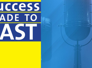 A podcast graphic for “Success Made to Last” features a yellow and blue design. On the left, a large microphone icon is shown with the podcast title in bold white and blue text: “Success Made to Last.” On the right, a photo of a studio microphone with headphones draped over it is overlaid with a blue gradient.