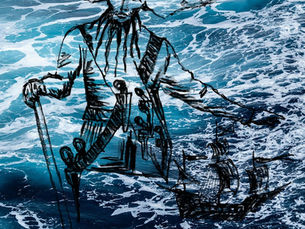 Artistic illustration of a pirate with a beard, hat, and swords sketched over a stormy ocean background, with a sailing ship drawn on the waves.
