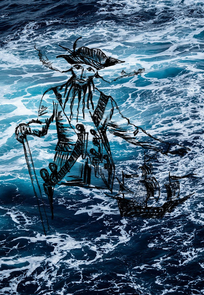 Artistic illustration of a pirate with a beard, hat, and swords sketched over a stormy ocean background, with a sailing ship drawn on the waves.