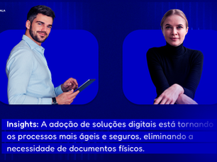 Card institucional da Scala com duas pessoas em destaque, um homem segurando um tablet e uma mulher olhando para a câmera, acompanhados do texto: 'Insights: A adoção de soluções digitais está tornando os processos mais ágeis e seguros, eliminando a necessidade de documentos físicos